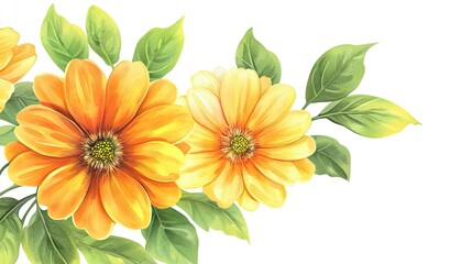 Fototapeta premium 3 yellow, orange, and green flowers with leaves, vector illustration, white background,