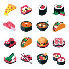 vector icons cooking food chef hat include a pizza slice, a sushi roll, spaghetti and meatballs, a curry bowl burger , fish 

