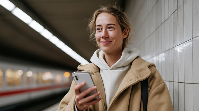 Young woman smiling while using smartphone in subway station. Urban lifestyle, public transport, communication, technology and travel concept in modern city environment.