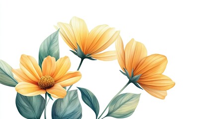 3 yellow, orange, and green flowers with leaves, vector illustration, white background,