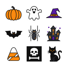 Obraz premium Nine Delightful Halloween Icons: Pumpkin Ghost Witch Hat Bat Spider Haunted House Candy Corn Skull Black Cat.