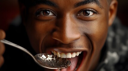 Happy expression while eating spoonful of food