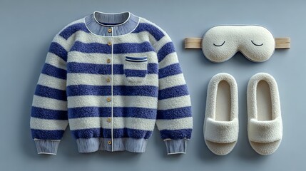 A set of cozy sleepwear including a striped sweater slippers and an eye mask on a light blue background