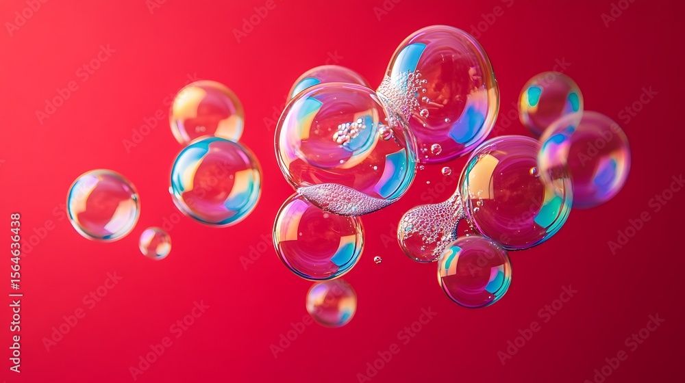 Fototapete floating iridescent soap bubbles against a vibrant crimson background, creating a playful abstract a