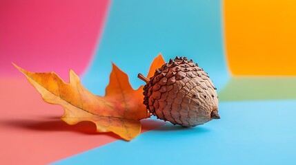 Autumnal still life features a colorful backdrop, acorn, and vibrant oak leaf, perfect for fall designs.