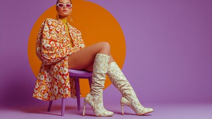 Woman in floral dress and boots sitting on purple chair against orange circle and purple background