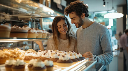 Couple choosing cake at bakery