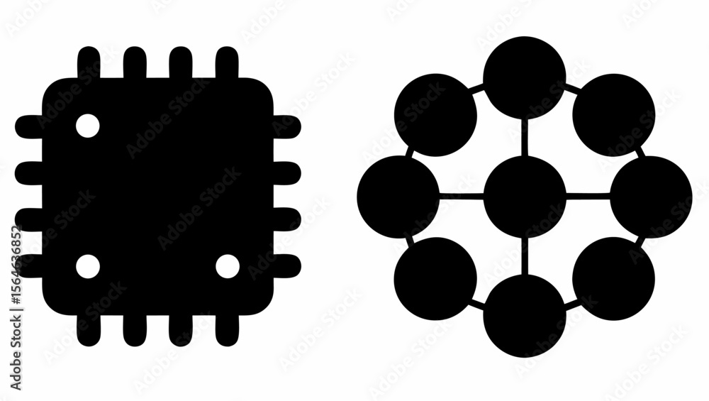 Aufkleber illustration showing a microchip with pins and a network of connected circles in black and white des