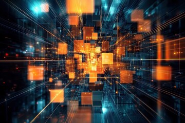 Obraz premium 3D abstract background with glowing cubes, digital space, data center, dark orange and blue colors