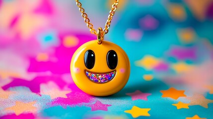 Smiling yellow emoji pendant on a gold chain with a vibrant abstract background