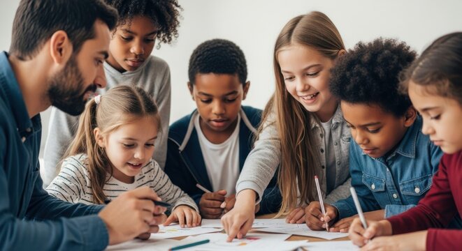 Diverse group of children engaging in a creative art activity with their teacher