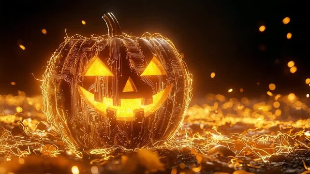 Halloween in the future concept.A glowing jack-o&rsquo;-lantern with a digital, circuit-like texture sits surrounded by sparkling lights in a dark, festive setting.