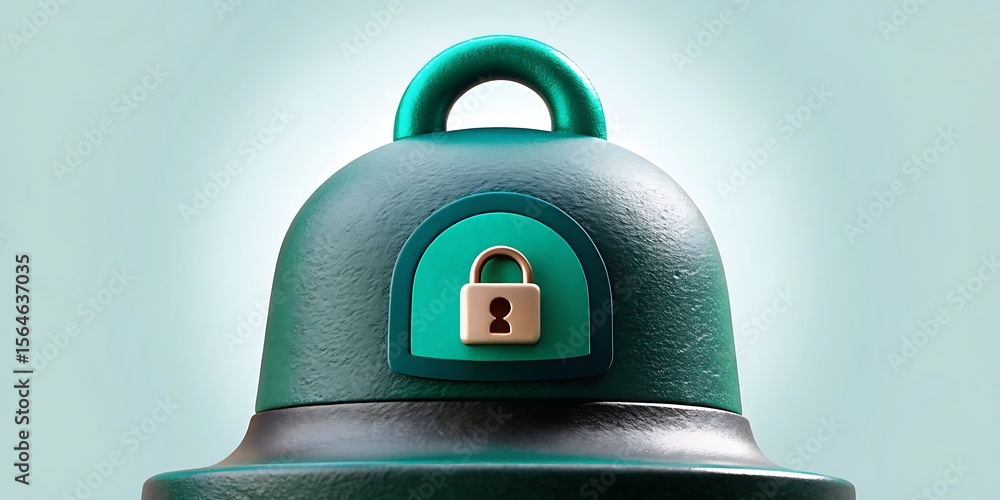 Poster a 3d notification bell with a padlock symbolizes digital security and privacy on a light background.