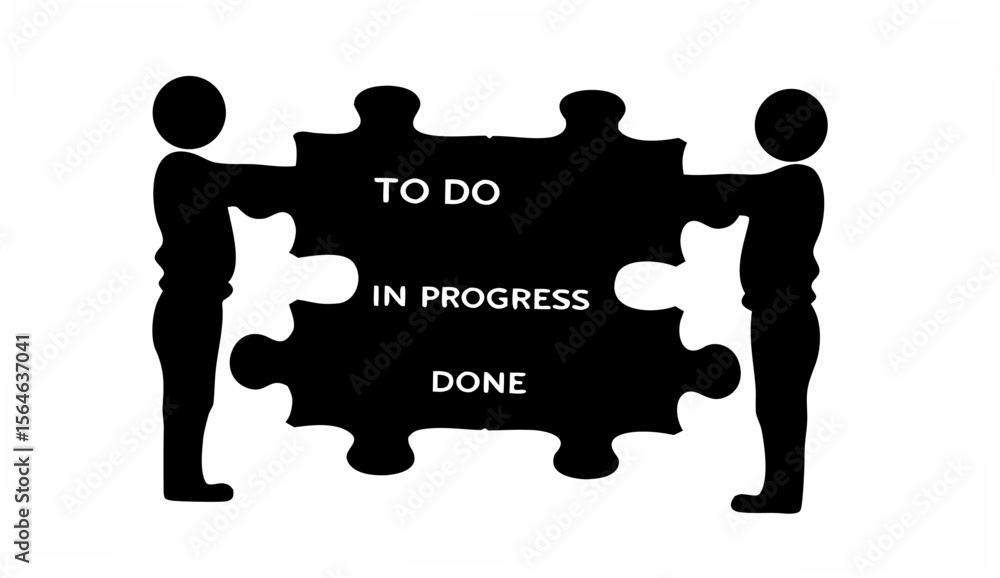 Poster two figures holding a puzzle piece with to do in progress and done written on it in black and white 