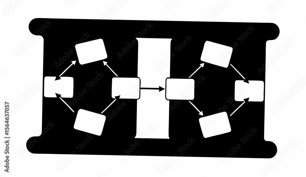Aufkleber black and white diagram with arrows connecting squares in a circular pattern on both sides of a bar