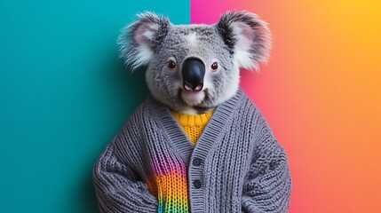A cute koala bear dressed in a warm sweater against a colorful background looks adorable