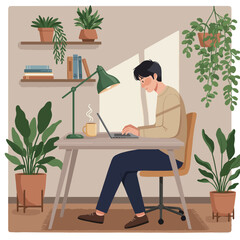 Fototapeta premium A smiling young man comfortably works from home on his laptop, surrounded by lush green houseplants in a modern, cozy office.