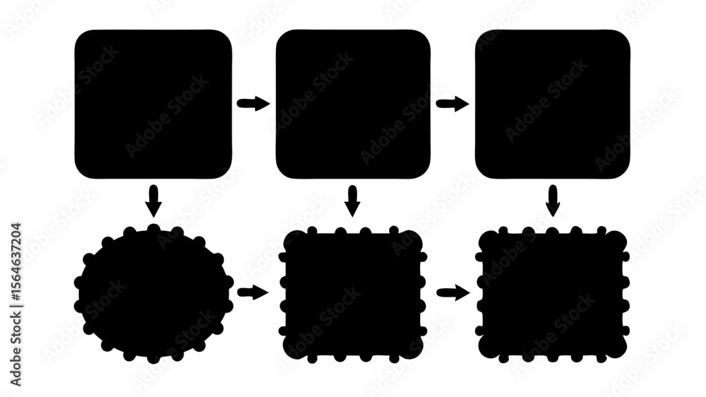 Poster diagram showing transformation of rounded rectangles to decorative shapes with arrows in black and w