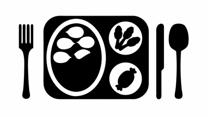 Illustration of a food tray with different compartments, a fork, knife, and spoon in black and white style