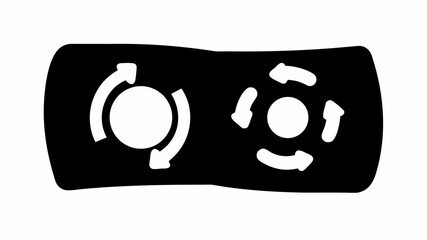 Black rectangle containing two white circles each surrounded by rotational arrows indicating movement