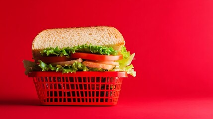 Delicious sandwich with fresh ingredients served in a vibrant red basket