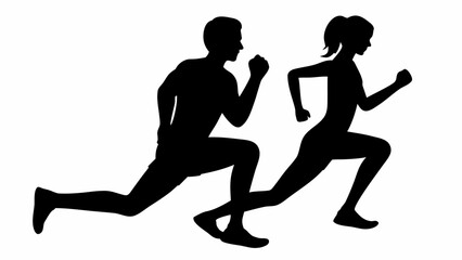 Silhouette of a man and woman running or lunging forward in a coordinated exercise routine together outdoors
