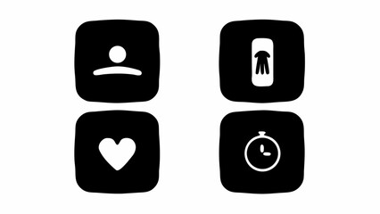 Four black rounded squares each containing a white symbol: person, figure, heart, and stopwatch icon