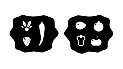 Two black shapes containing white images of olives, pepper, and apple, on a white background image