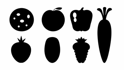 Collection of black silhouette vector illustrations of various fruits and vegetables isolated on white background