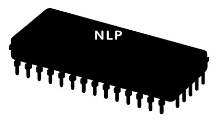 Illustration of a black integrated circuit chip with the letters nlp on it in a white background view