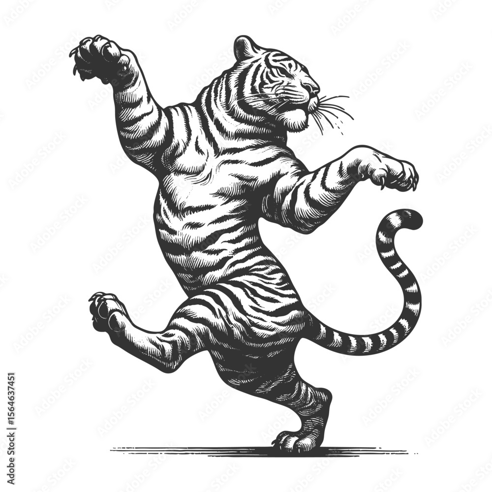 Poster dancing tiger sketch engraving generative ai fictional character vector illustration. scratch board 