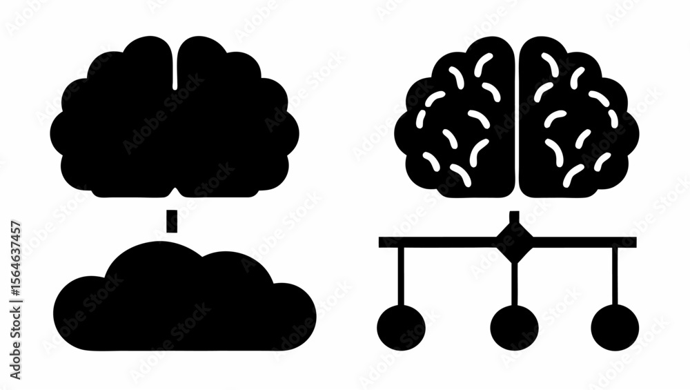 Aufkleber two brain icons connected to a cloud and a network with three nodes in a black and white design
