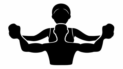 Silhouette illustration of a muscular man with a woman behind him both holding masks on each side