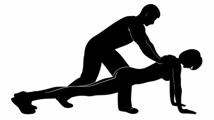 Silhouette of a man standing behind a woman on all fours with hands on her back in a black and white image