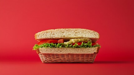 A close view of a delicious sandwich filled with lettuce, tomato and pickles against a vibrant red background.