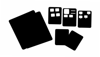Silhouette depiction of tablets and smartphones with app icons on a white background view from above