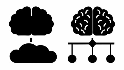 Two brain icons connected to a cloud and a network with three nodes in a black and white design