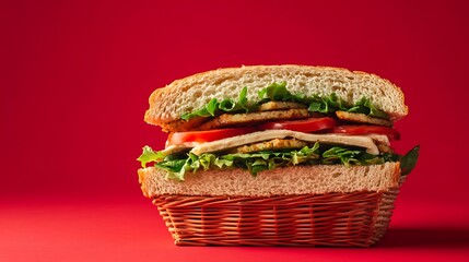Fresh sandwich with tofu, tomato, lettuce, and cheese against a vibrant red backdrop