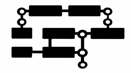 Black geometric shapes connected by lines and circles forming a network like structure on white background
