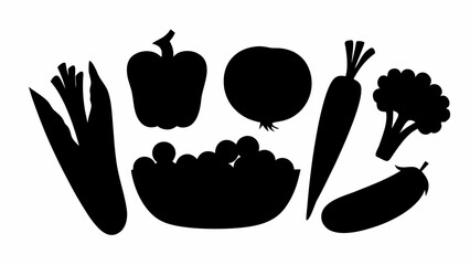 Silhouette illustration of various vegetables including leeks bell pepper onion peas carrot broccoli and eggplant