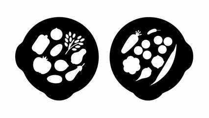 Two stylized black containers filled with an assortment of white vegetables and produce silhouettes