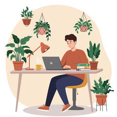A smiling young man comfortably works from home on his laptop, surrounded by lush green houseplants in a modern, cozy office.