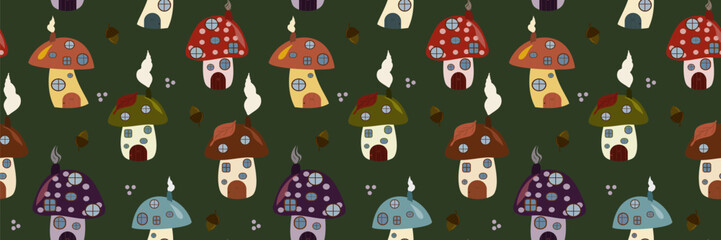 Seamless vector pattern of charming mushroom houses and acorns on a dark green background. Ideal for autumn fabrics, fairy tale decor, and enchanting children's designs.