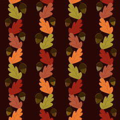 Seamless vector pattern of vertical autumn oak leaf and acorn stripes on a dark brown background. Ideal for fall decor, rustic fabrics, and seasonal designs.