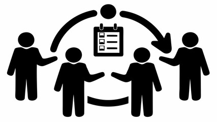 Icon illustration of team collaboration with a checklist and circular workflow in black and white style