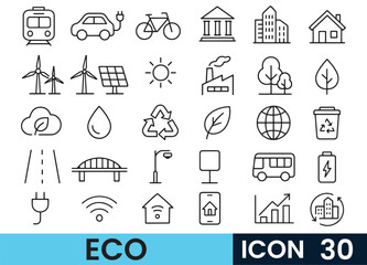 Vector Icon Collection of Eco-Friendly Technology, Transport, and Urban Planning