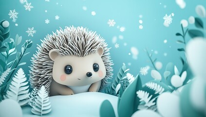Obraz premium 3D illustration of a cute hedgehog, surrounded by white and green plants on a blue background 