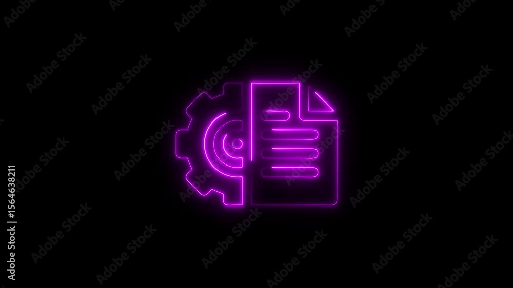 Aufkleber illuminated neon gear and document icons on a black background representing data settings