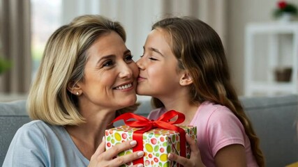 Mother and daughter exchanging a gift. A young girl kisses her mother on the cheek while presenting a gift wrapped in colorful paper