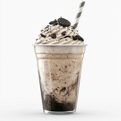 A clear plastic cup filled with an oreo milkshake topped with whipped cream and oreo pieces with a straw